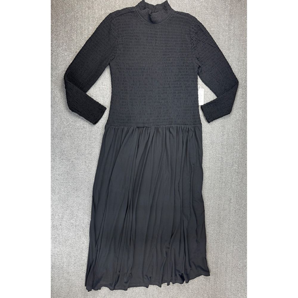 Eloquii Dress Black Smocked Mock Neck Long Sleeve Classic Goth Witch